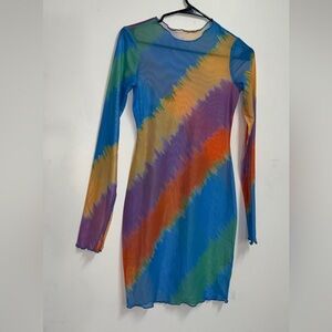 Long sleeve mesh swirl dress midi sheer color cover up dress